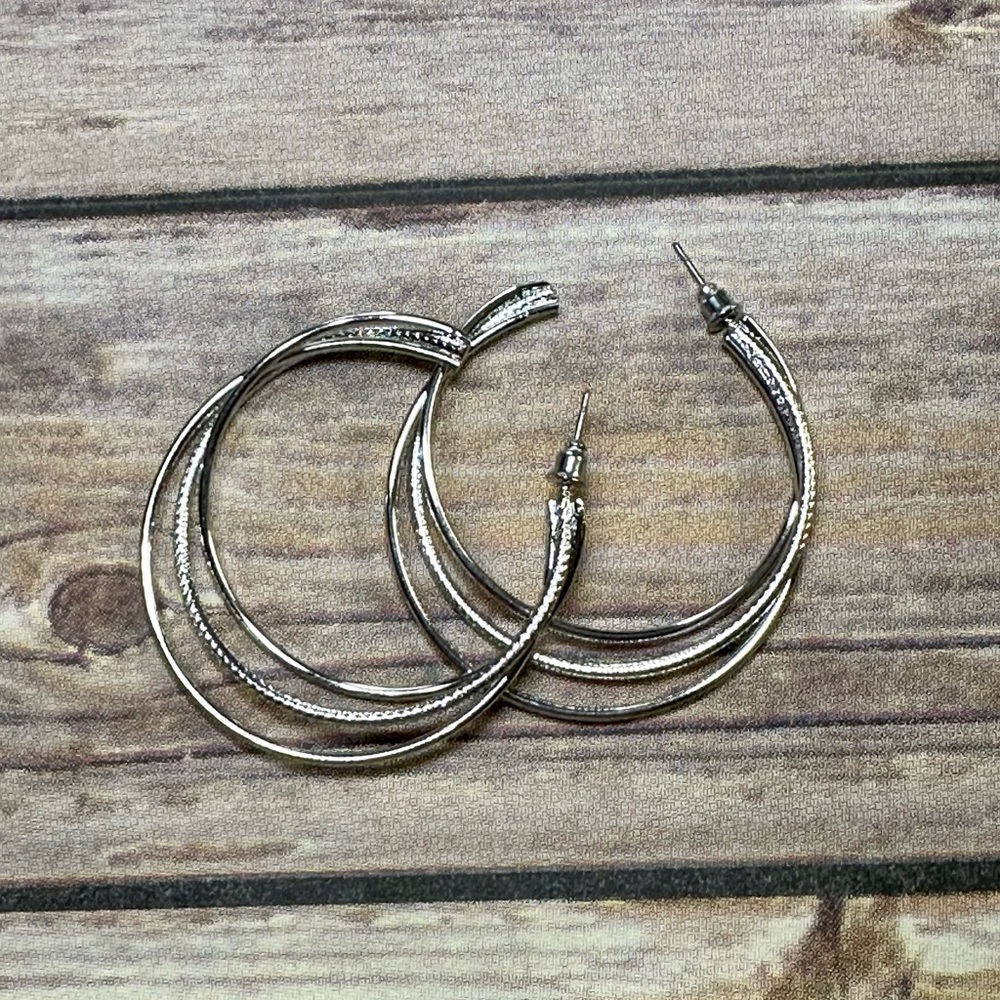Silver Triple Hoop Earrings - Picture 4 of 5